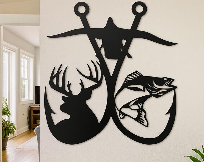 Double fishing hook with buck walleye and duck. Cut from 14 gauge steel