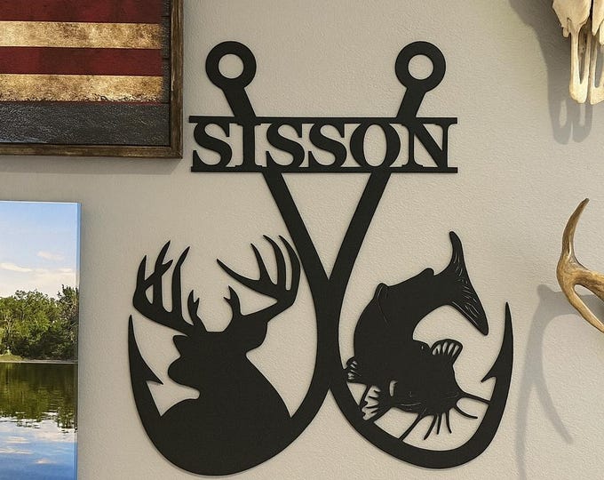 Personalized Double Fishing Hook Deer Catfish Wall Art - Rustic Steel Design