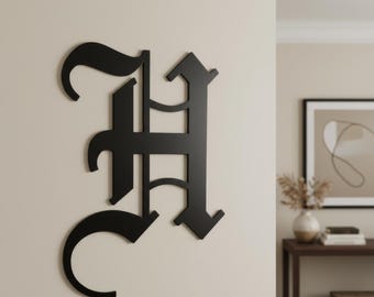 Metal letter H in old English style, steel wall decor, monogram sign