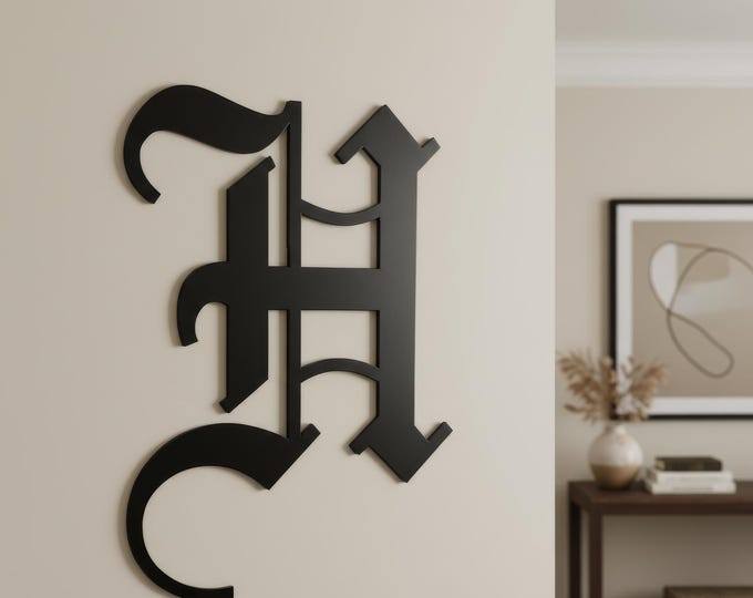 Metal letter H in old English style, steel wall decor, monogram sign