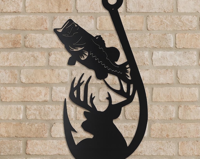 Fishing hook metal sign with deer, bass