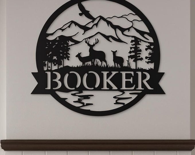 Family Name Sign With Deer Scene, 14 Gauge Steel Wall Art