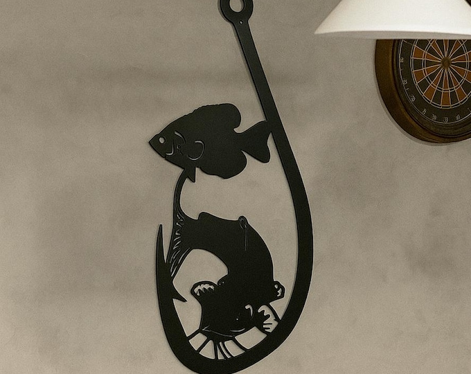Fishing hook metal sign with catfish crappie