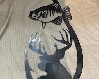 Industrial Rustic Fishing hook metal sign with deer, crappie