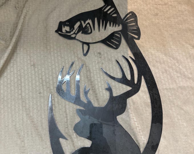 Industrial Rustic Fishing hook metal sign with deer, crappie