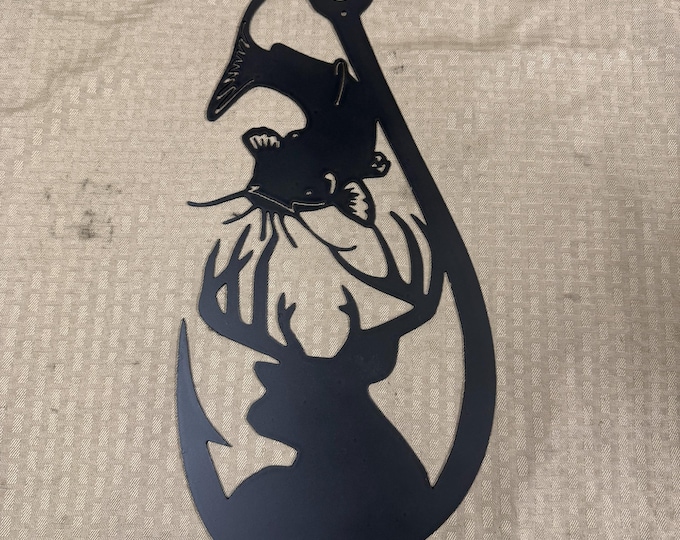 Fishing hook metal sign with deer, catfish
