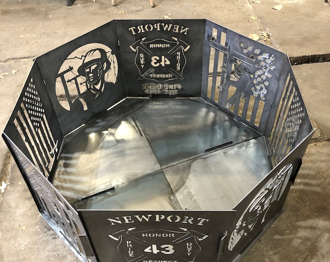 Fire pit. Cut from 14 gauge steel. Interlocking 18”x20” panels. lineman panels.