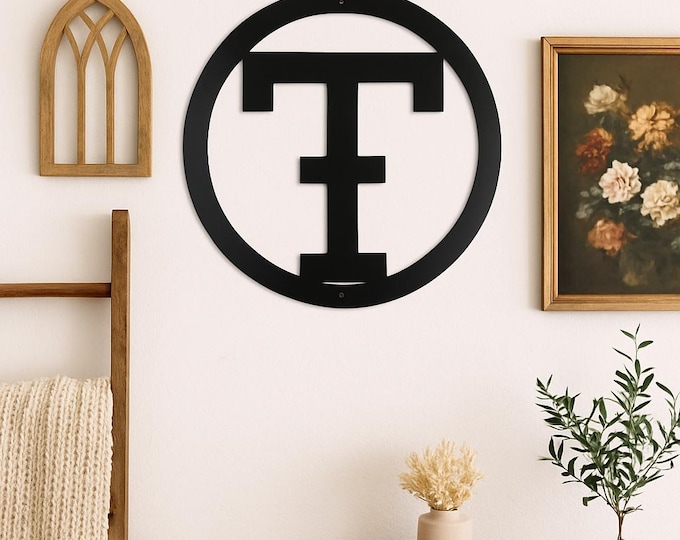 Metal letter T, cattle brand font with circle