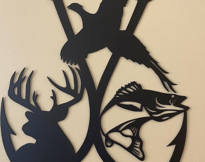 Rustic Steel Double Fishing Hook Wall Decor: Deer, Pheasant, Rifle