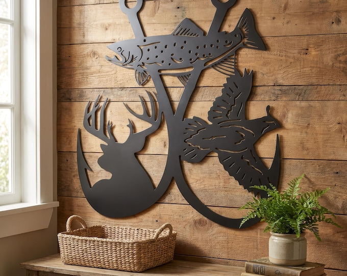Rustic Steel Double Fishing Hook: Deer, Trout, Quail Decor