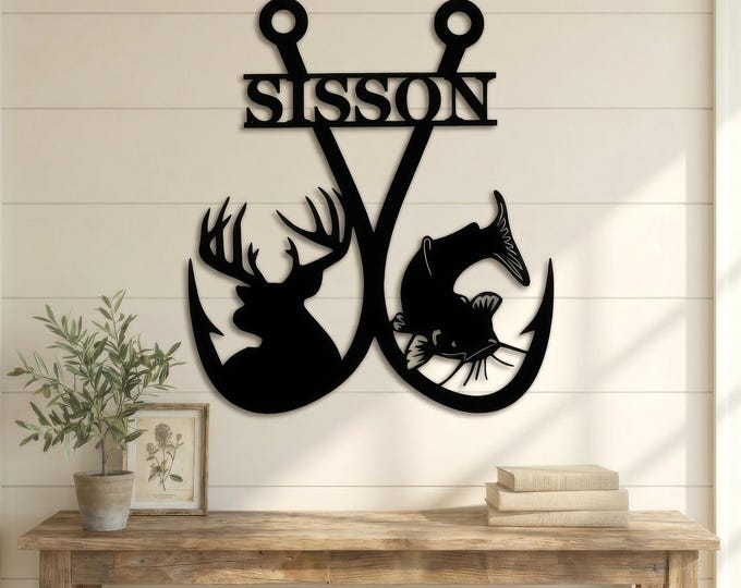 Personalized Double Fishing Hook Deer Catfish Wall Art - Rustic Steel Design