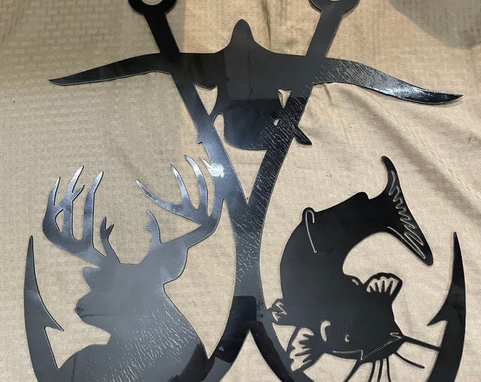 Industrial Metal sign double hooks with deer duck and catfish. Cut from 14 gauge steel and clear coated.