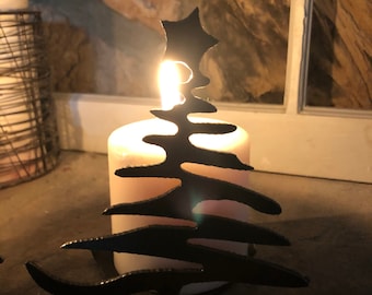 Rustic Steel Christmas Tree Candle Holders - Set of 2
