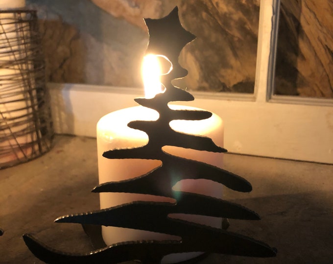 Rustic Steel Christmas Tree Candle Holders - Set of 2
