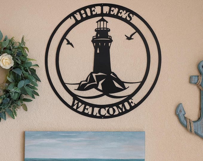 Welcome Metal Sign, Lighthouse Wall Art in 14 Gauge Steel