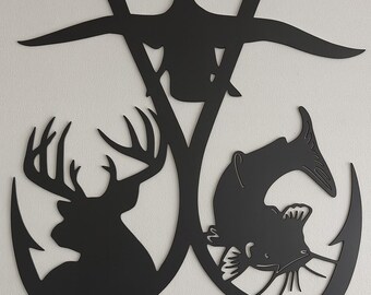 Industrial Metal Double Hook Sign: Deer, Duck, Catfish Decor