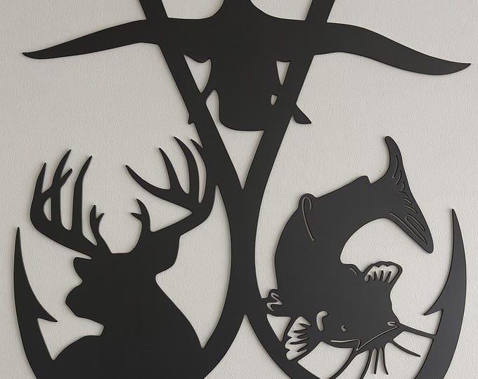 Industrial Metal Double Hook Sign: Deer, Duck, Catfish Decor