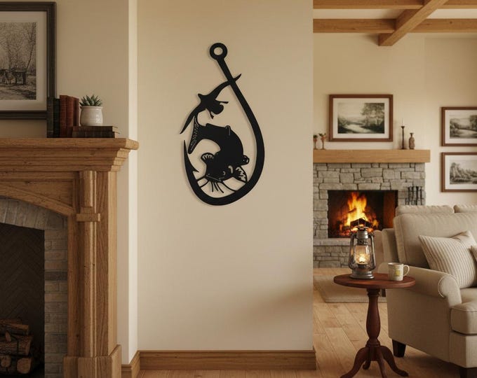 Rustic Fishing Hook Metal Sign: Duck & Catfish Wall Art