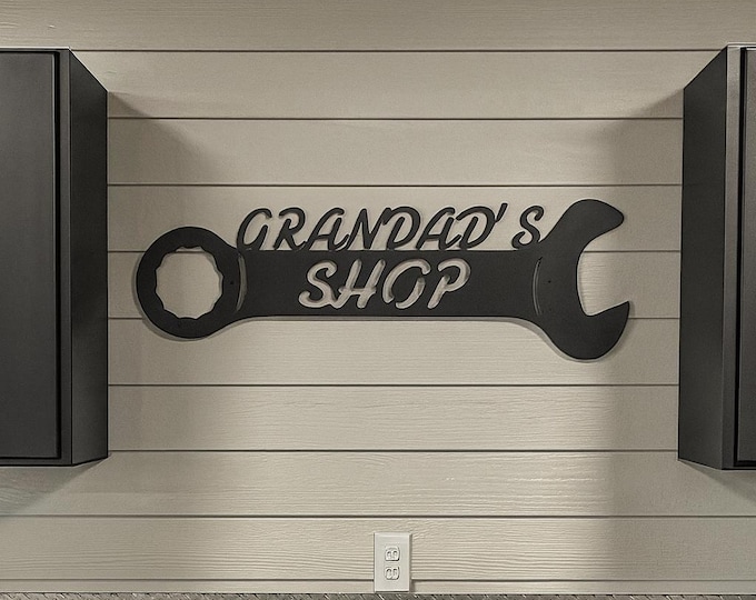 Industrial Rustic metal Grandads shop wrench sign