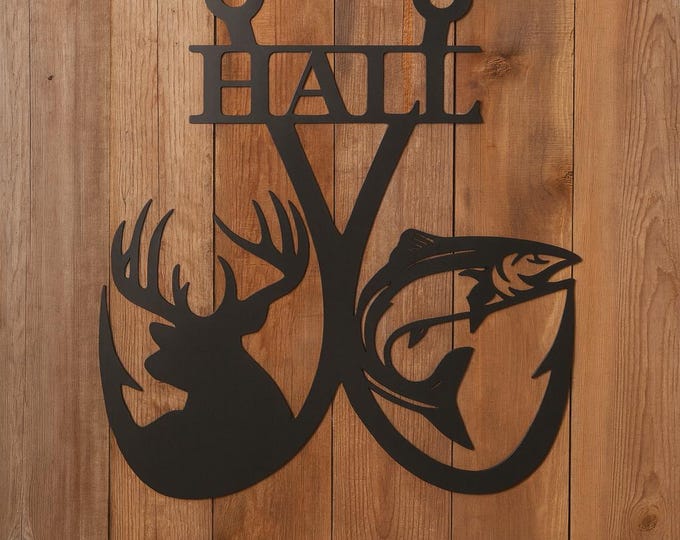 Rustic Metal Fishing Hook Sign: Deer, Trout, Custom Name
