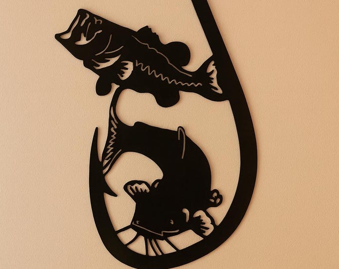 Fishing hook metal sign with catfish and bass