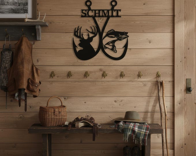 Personalized Double Fishing Hook Wall Art | Custom Steel Walleye and Buck Decor