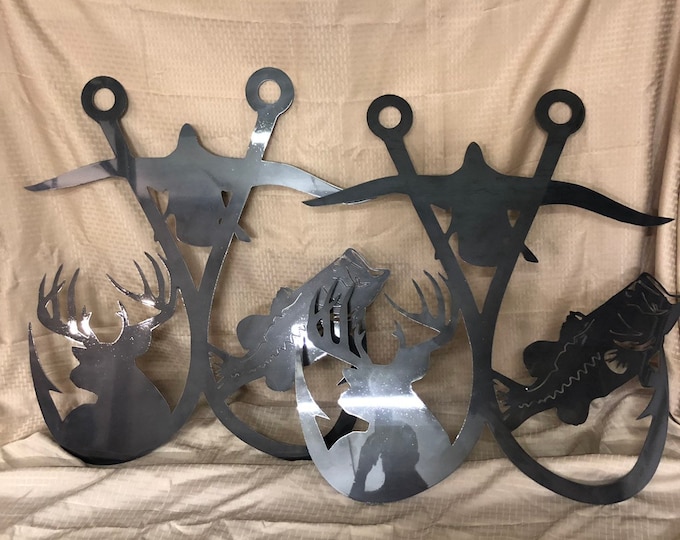 Industrial Rustic Metal sign, Double fishing hook deer duck bass cut form 14 gauge steel and clear coated.