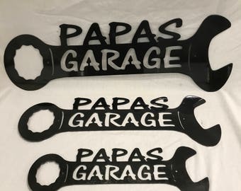 Industrial Rustic Metal papas garage wrench sign.