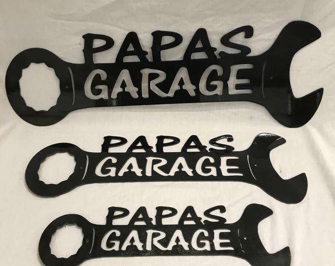 Industrial Rustic Metal papas garage wrench sign.