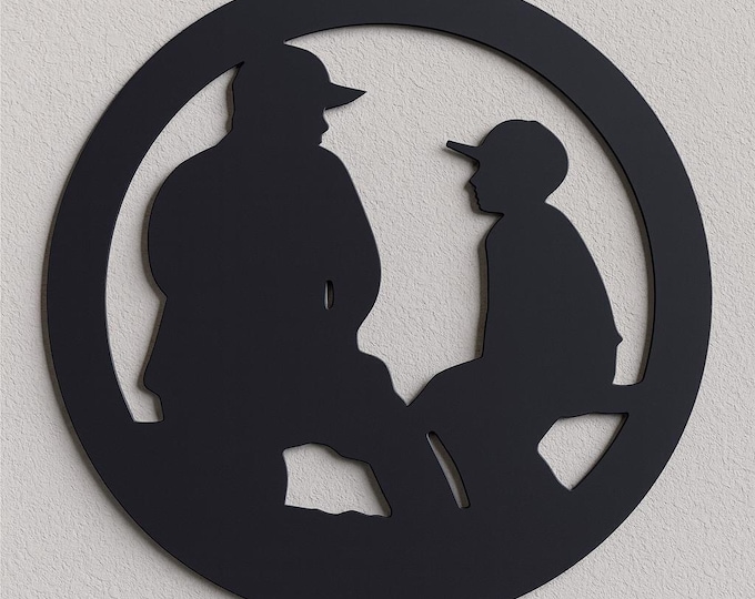 Industrial Rustic Father and son, coch and young baseball player silhouette metal sign. Cut from 14 gauge steel with a black coating