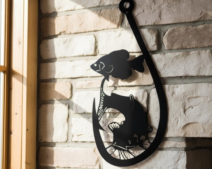 Fishing hook metal sign with catfish crappie