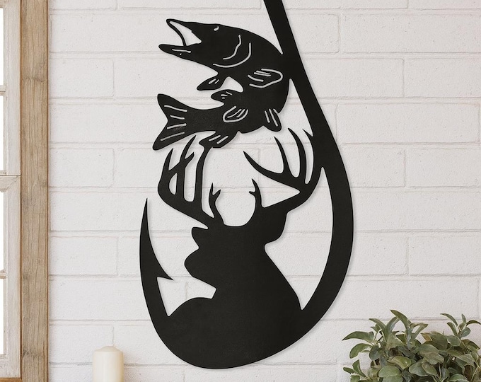 Rustic Fishing Hook Metal Sign: Deer & Musky Silhouette