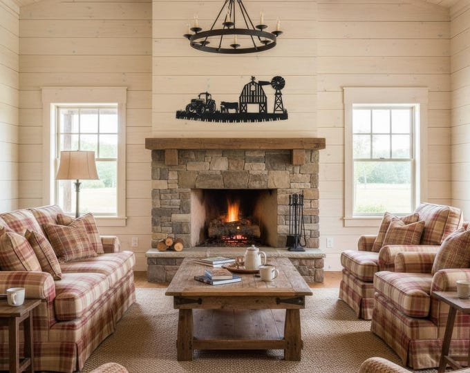 Farmhouse sign, industrial metal saw blade wall art with cows, barn, windmill