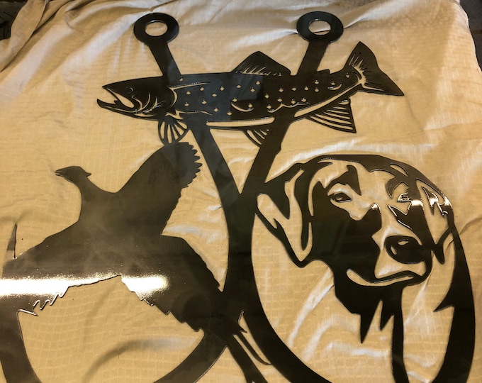 Industrial Rustic Metal sign, Double fishing hook Pheasant trout and lab cut form 14 gauge steel and clear coated