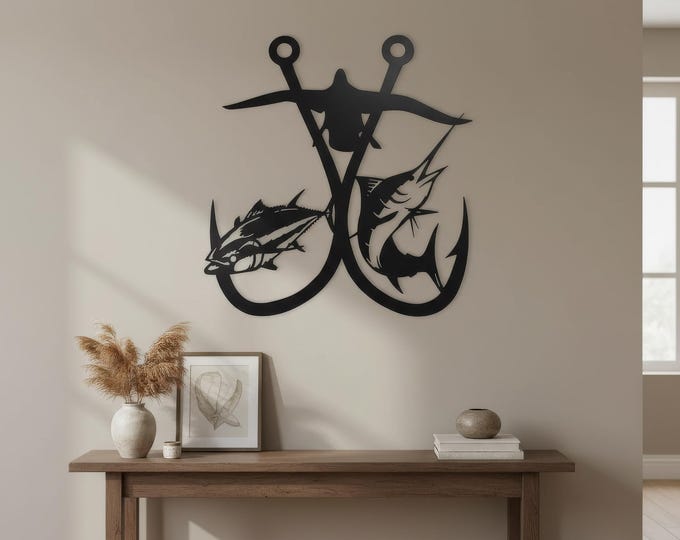 Rustic double fishing hooks with duck, tuna, and swordfish | Industrial metal wall art