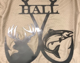 Rustic Metal Fishing Hook Sign: Deer, Trout, Custom Name