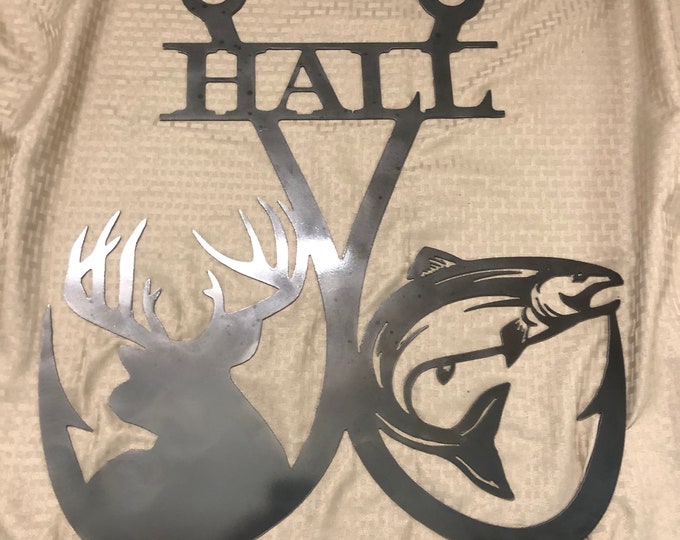 Industrial Rustic Metal sign, Double fishing hook deer trout with custom name cut form 14 gauge steel and clear coated.