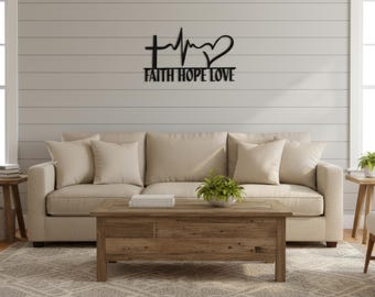 Faith Sign, Satin Black Metal Wall Art with Heartbeat and Heart