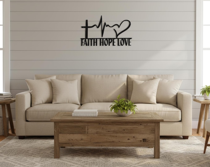 Faith Sign, Satin Black Metal Wall Art with Heartbeat and Heart