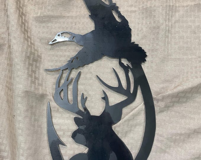 Industrial Rustic Fishing hook metal sign with deer, duck metal sign