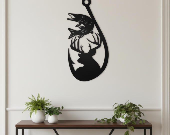 Rustic Fishing Sign, Black 14 Gauge Steel Deer and Musky Hook Decor