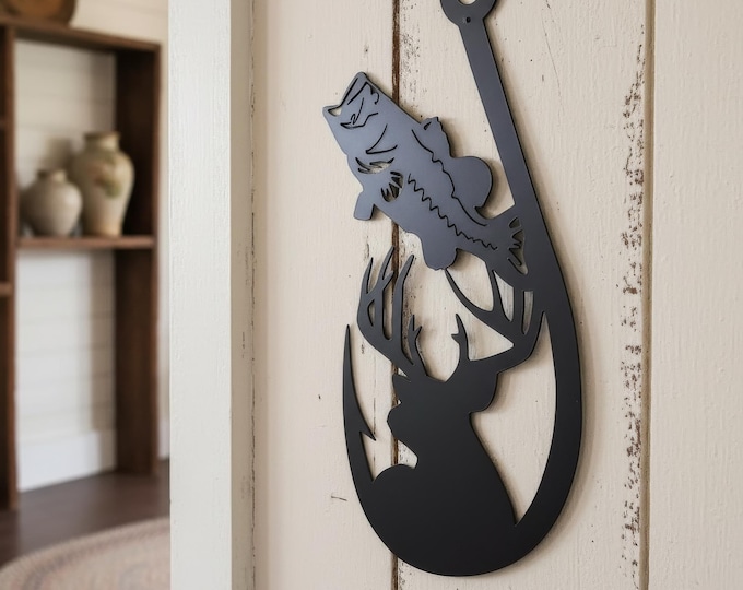 Deer and bass metal wall sign, fishing hook decor