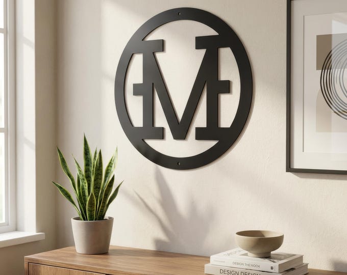 Metal letter M, cattle brand font with circle