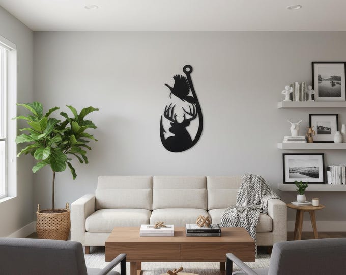 Rustic Fishing Hook Metal Sign: Deer & Turkey Silhouette