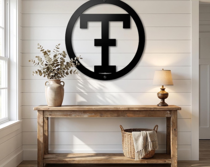 Metal letter T, cattle brand font with circle