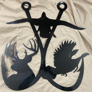 Industrial Rustic double fishing hook with buck Turkey and duck. Cut from 14 gauge steel clear coated