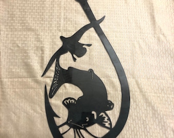 Rustic Fishing Hook Metal Sign: Duck & Catfish Wall Art