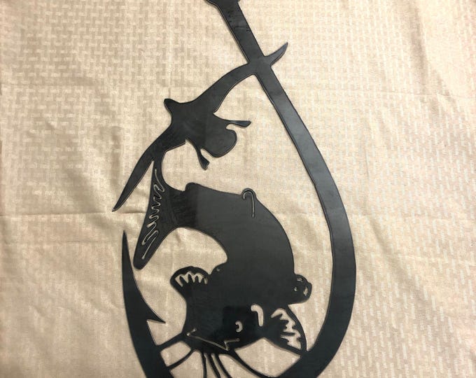 Industrial Rustic Fishing hook metal sign with duck, catfish metal sign