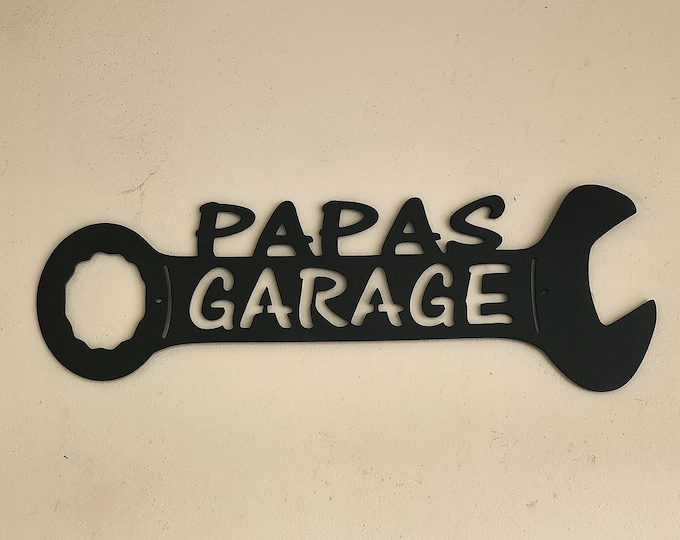Industrial Rustic Metal papas garage wrench sign.