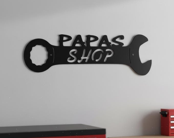 Papas Shop Sign, Industrial Rust Metal Wrench Wall Decor, Garage or Workshop